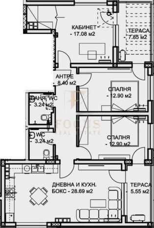 скица на четиристаен апартамент с две тераси в Остромила
