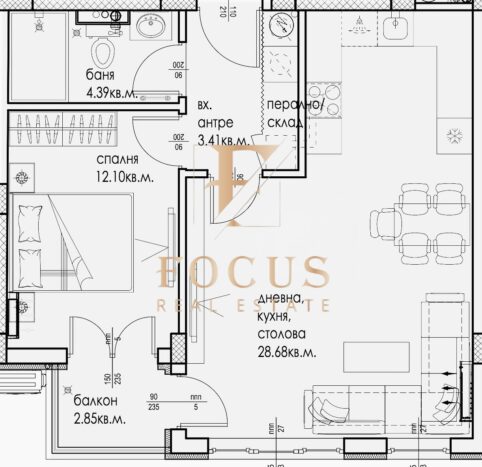 скица на двустаен апартамент в Кючук Париж, Пловдив