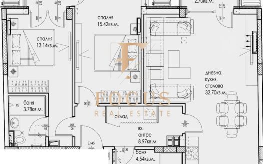 скица на двустаен апартамент в Кючук Париж
