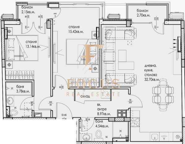 скица на двустаен апартамент в Кючук Париж