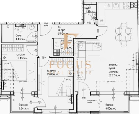 скица на тристаен апартамент в Кючук Париж